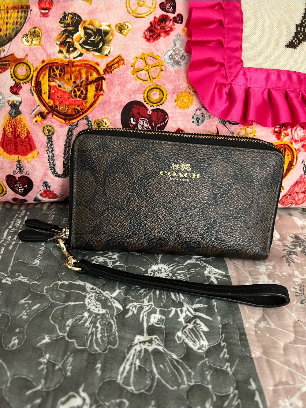 Coach Brown Signature Canvas Wristlet with Black Strap